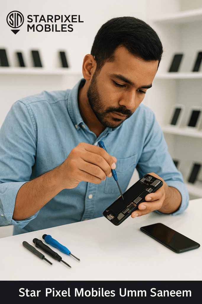 Mobile Phone Repair Umm Saneem – Technician repairing a phone at Star Pixel Mobiles